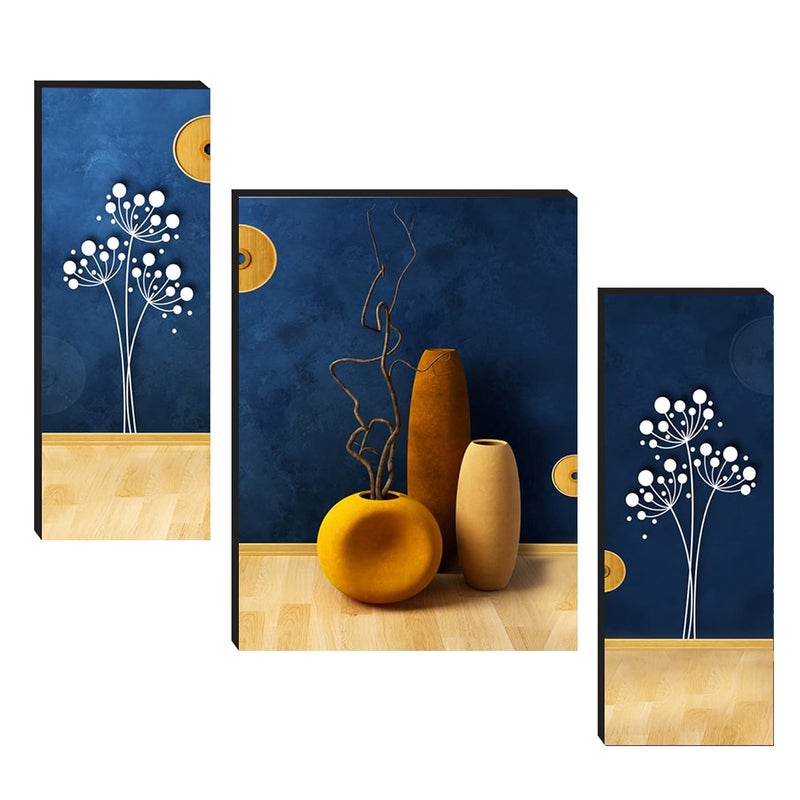 Masstone UV Laminated Flower Pot Wall Art Multicolor Modern Art 12 x 18 Inch Digital Reprint Set of 3