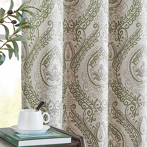 jinchan Sage Green Curtains for Living Room Darkening 84 Inch Length, Linen Textured Medallion Drapes for Bedroom, Damask Pattern Window Treatments Vintage Curtain Panels, 2 Panels Green