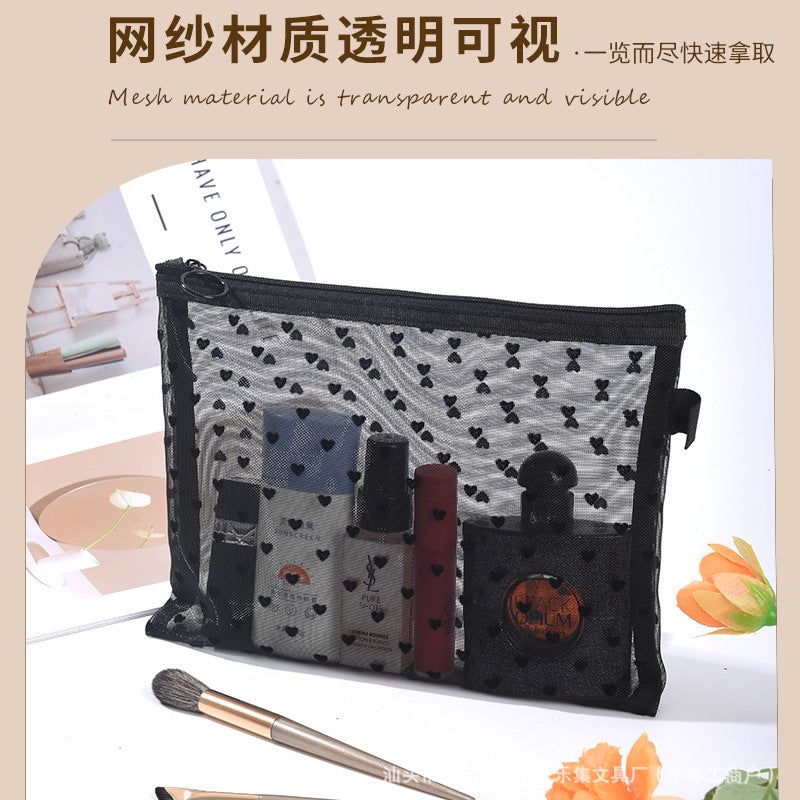 New Mesh Makeup Bag Portable Change Headset Storage Bag Portable Travel Wash Bag Flocking Love Mouth Red Bag - Image 4