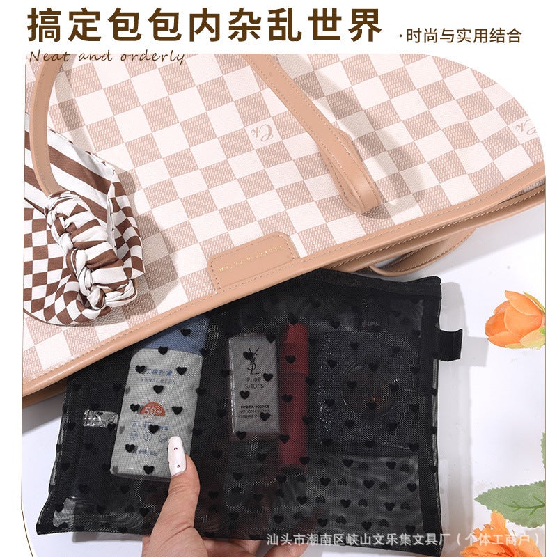New Mesh Makeup Bag Portable Change Headset Storage Bag Portable Travel Wash Bag Flocking Love Mouth Red Bag - Image 5