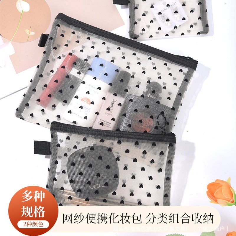 New Mesh Makeup Bag Portable Change Headset Storage Bag Portable Travel Wash Bag Flocking Love Mouth Red Bag - Image 2