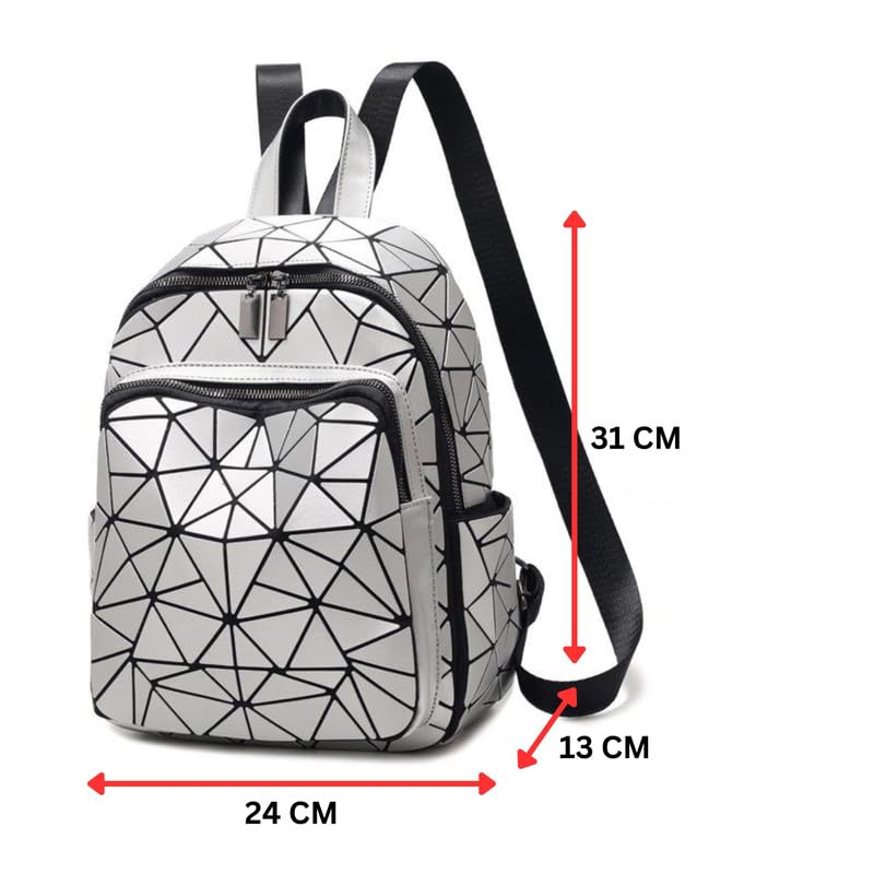 REDHORNS Geometric Holographic Luminous Backpack Bag For Girls, Ladies, Boys, Unisex Schoolbag Handbag Student Travel Bag Colour Changing Reflective Bag, 12.5X10X5 Inch (White) - Image 3