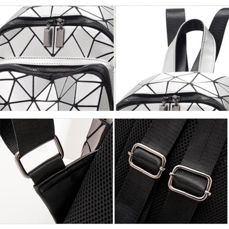 REDHORNS Geometric Holographic Luminous Backpack Bag For Girls, Ladies, Boys, Unisex Schoolbag Handbag Student Travel Bag Colour Changing Reflective Bag, 12.5X10X5 Inch (White) - Image 4