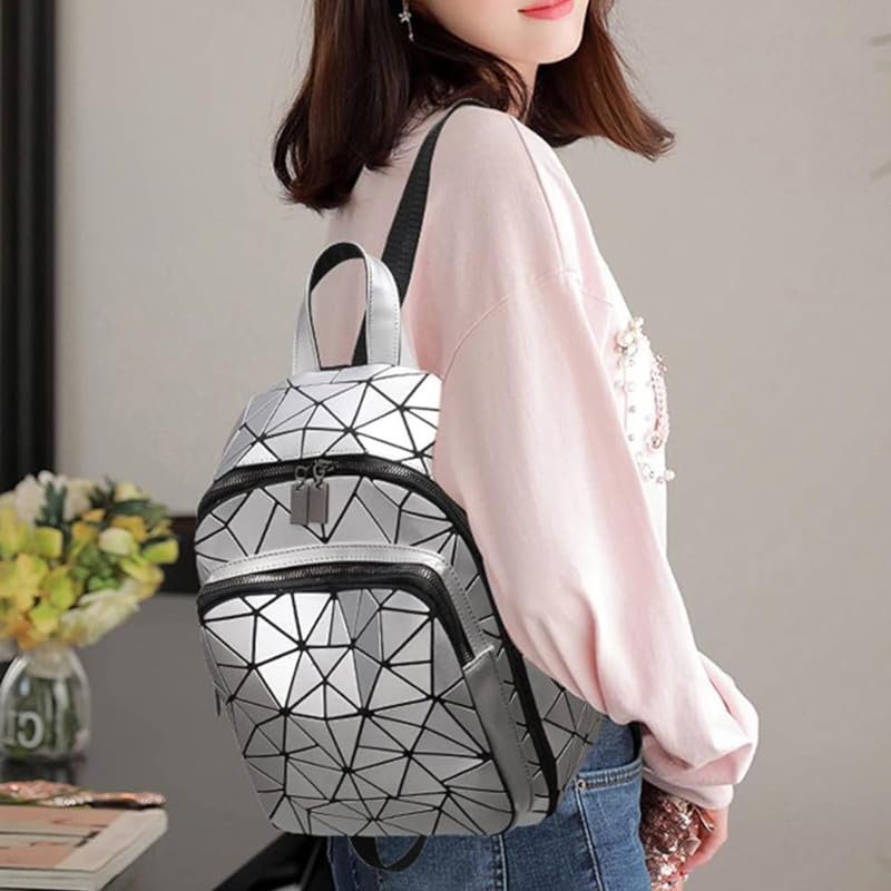 REDHORNS Geometric Holographic Luminous Backpack Bag For Girls, Ladies, Boys, Unisex Schoolbag Handbag Student Travel Bag Colour Changing Reflective Bag, 12.5X10X5 Inch (White) - Image 5