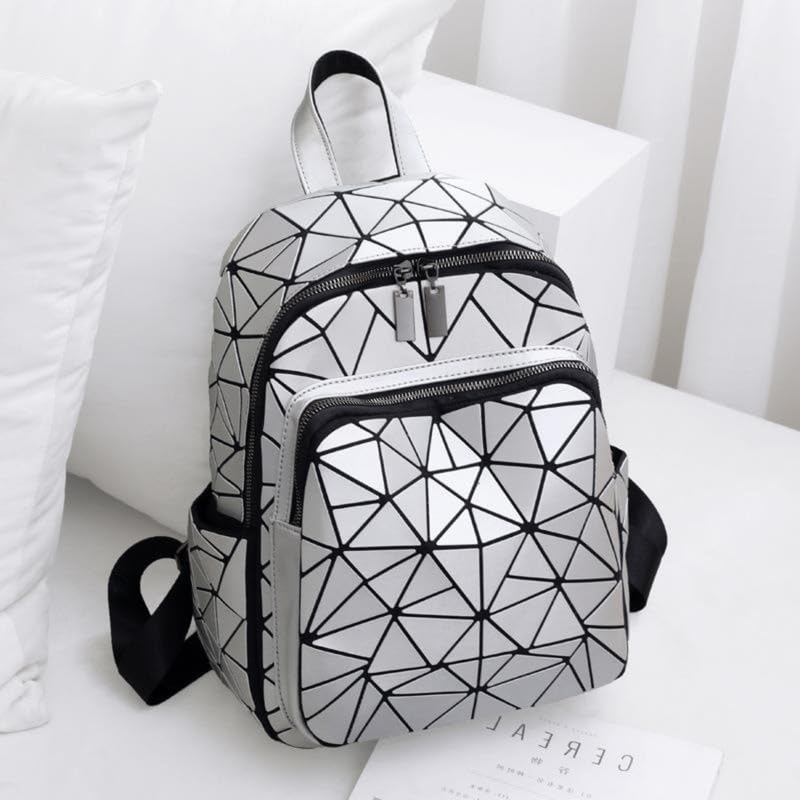 REDHORNS Geometric Holographic Luminous Backpack Bag For Girls, Ladies, Boys, Unisex Schoolbag Handbag Student Travel Bag Colour Changing Reflective Bag, 12.5X10X5 Inch (White) - Image 2