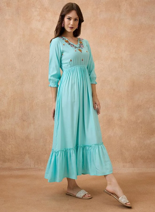 globus Floral Embroidered Yoke Fit and Flare Maxi Fusion Dress