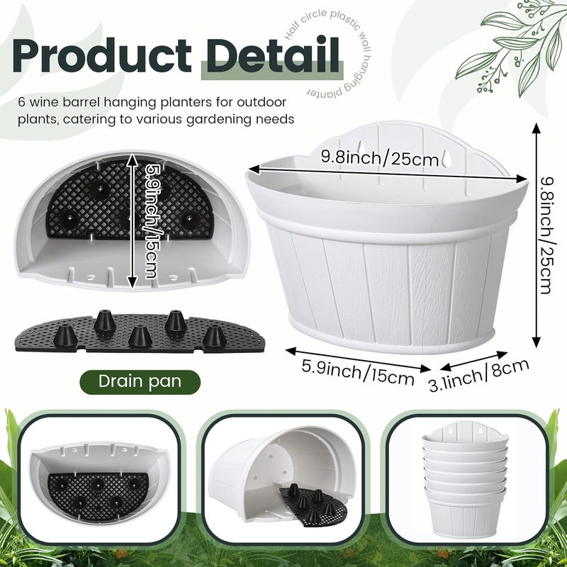 Layhit 6 Pcs Wall Hanging Planters Outdoor Pot Planter Wine Barrel Planter Distressed Oak Thickened Plastic Water Storage Flower Pots for Plants Flower Indoor Outdoor Railing (10 Inches,White) - Image 2