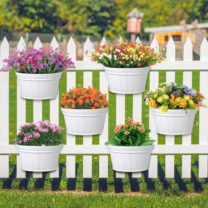 Layhit 6 Pcs Wall Hanging Planters Outdoor Pot Planter Wine Barrel Planter Distressed Oak Thickened Plastic Water Storage Flower Pots for Plants Flower Indoor Outdoor Railing (10 Inches,White) - Image 1