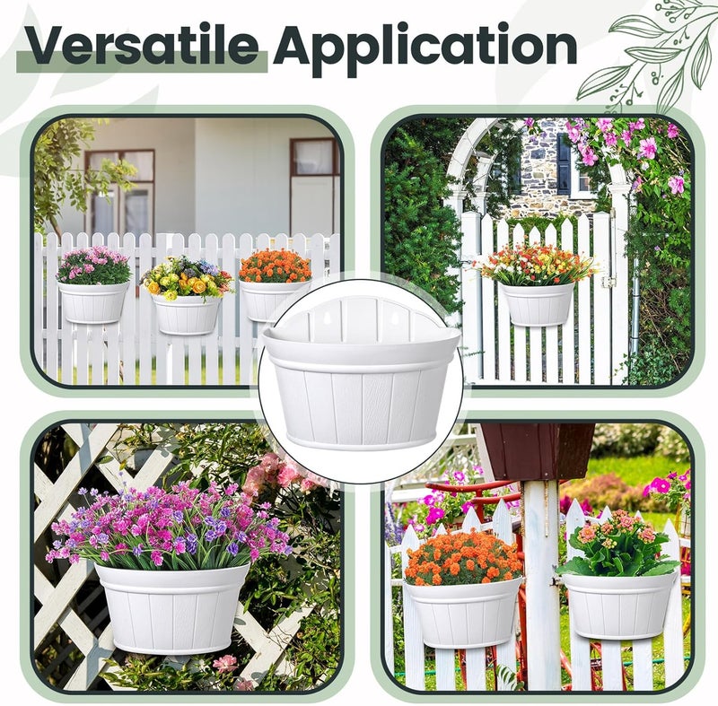 Layhit 6 Pcs Wall Hanging Planters Outdoor Pot Planter Wine Barrel Planter Distressed Oak Thickened Plastic Water Storage Flower Pots for Plants Flower Indoor Outdoor Railing (10 Inches,White) - Image 4
