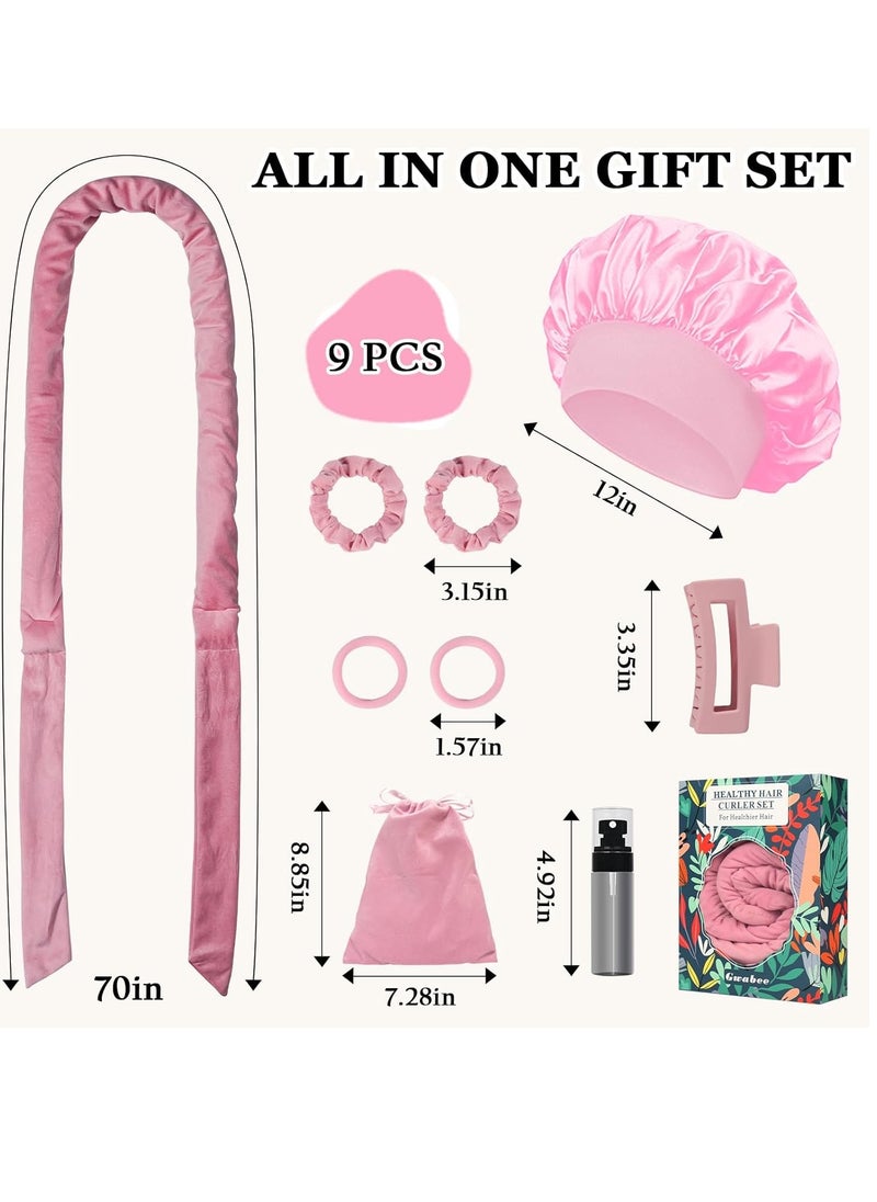 General No Heat Overnight Curl Headband, 70" Soft Ribbon Curl Wrap for Long Hair - 9 PCS Rods Set with Bonnet, Pink  - Image 5