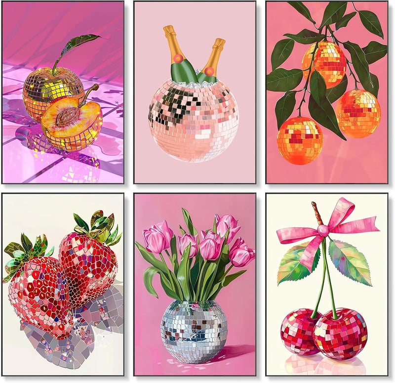 AIBOERL 6 Pack Diamond Art Kits for AdultsDisco Ball Strawberries Diamond Painting Kits for Beginner Round 5D Full Drill Diamond Dots Crafts for Home Wall Decor Gifts 12x16Inch - Image 2