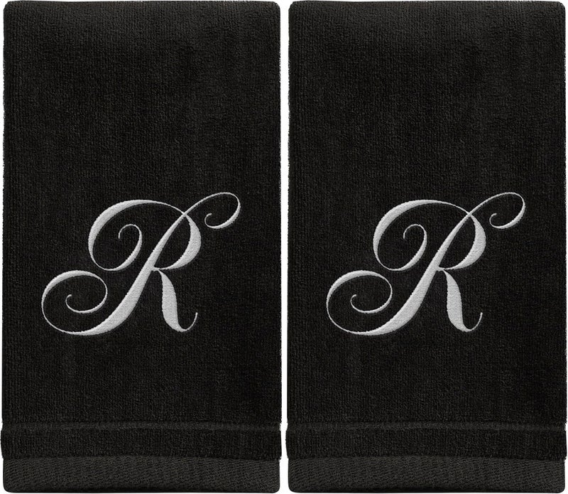 Monogrammed Towels Fingertip Personalized Gift 11 x 18 Inches Set of 2 White Embroidered Towel Extra Absorbent 100 Cotton Soft Velour Finish For Bathroom Kitchen Spa Initial R Black