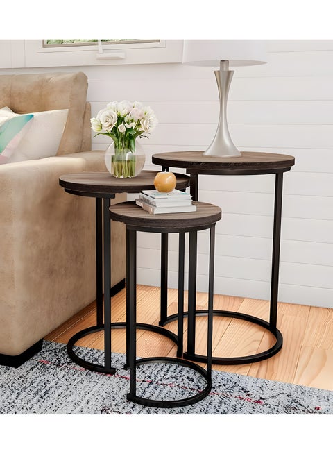 3-Piece Nesting Round Tables Set - Wood & Metal