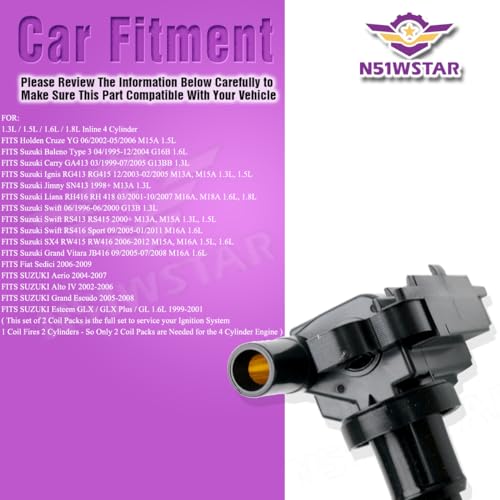 N51WSTAR IGNITION COIL PACKS SET OF 2 Compatible with Suzuki Esteem Baleno Carry Jimny Liana Swift SX4 Grand Vitara Aerio Alto IV Esteem 1.3 1.5 1.6 1.8 Replacement For UF280 3340065G00 - Image 5