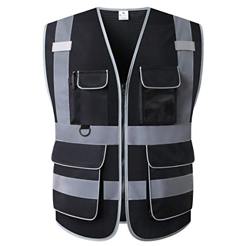LOHASPRO High Visibility Vest for Men Reflective Vest with Pockets Class 2 Construction Work Vest Zipper Front Black Safety Vest Meets ANSI/ISEA Standards(Medium, Black 01) - Image 1