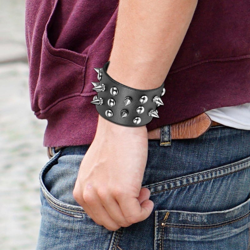 Oidea Assorted 3pcs Mens Punk Multistrand Leather Braided Bangle Cuff Bracelet for Biker Dad Father Size Adjustable - Image 2