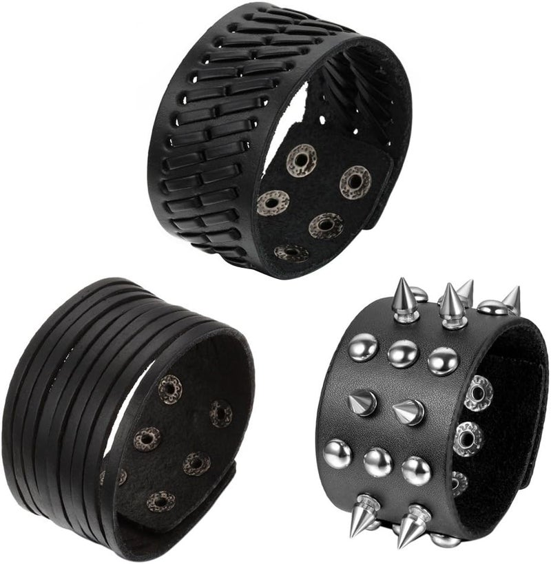 Oidea Assorted 3pcs Mens Punk Multistrand Leather Braided Bangle Cuff Bracelet for Biker Dad Father Size Adjustable - Image 1