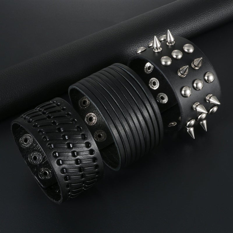 Oidea Assorted 3pcs Mens Punk Multistrand Leather Braided Bangle Cuff Bracelet for Biker Dad Father Size Adjustable - Image 4
