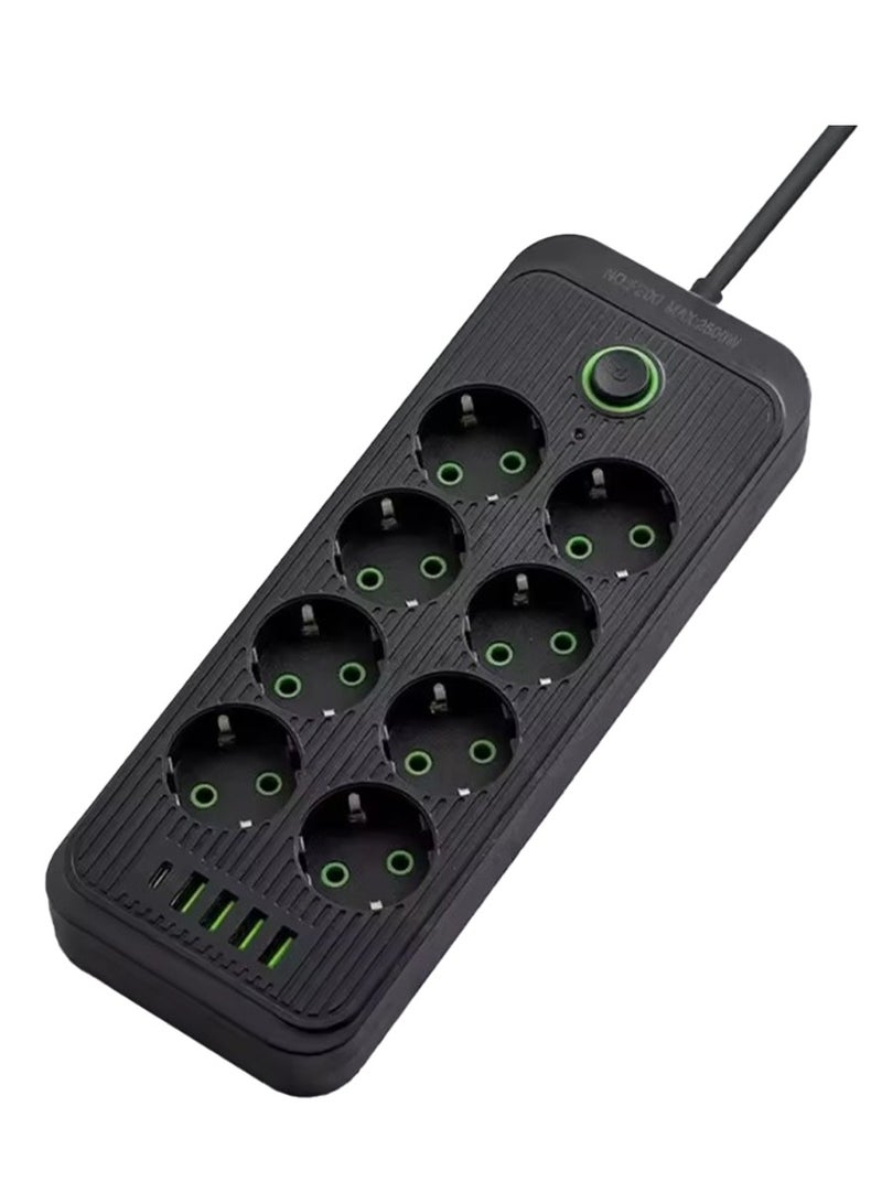 Power Strip 8-Outlet , Strong and flexible cord for powering electrical appliances 4 USB Ports and a Type-C Output, 2500W, 2m Cable, Fire-Resistant  Practical design withstands daily use and powers up to 8 devices at the same time , Ideal for offices, bedrooms, meeting tables, and computers , Durable and resistant plastic material , Stable, non-slip feet high quality  - Image 2