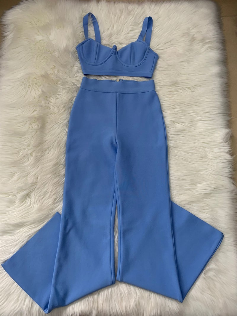 New Chic Bandage Dress Top  Tight Pants Set Light Blue 