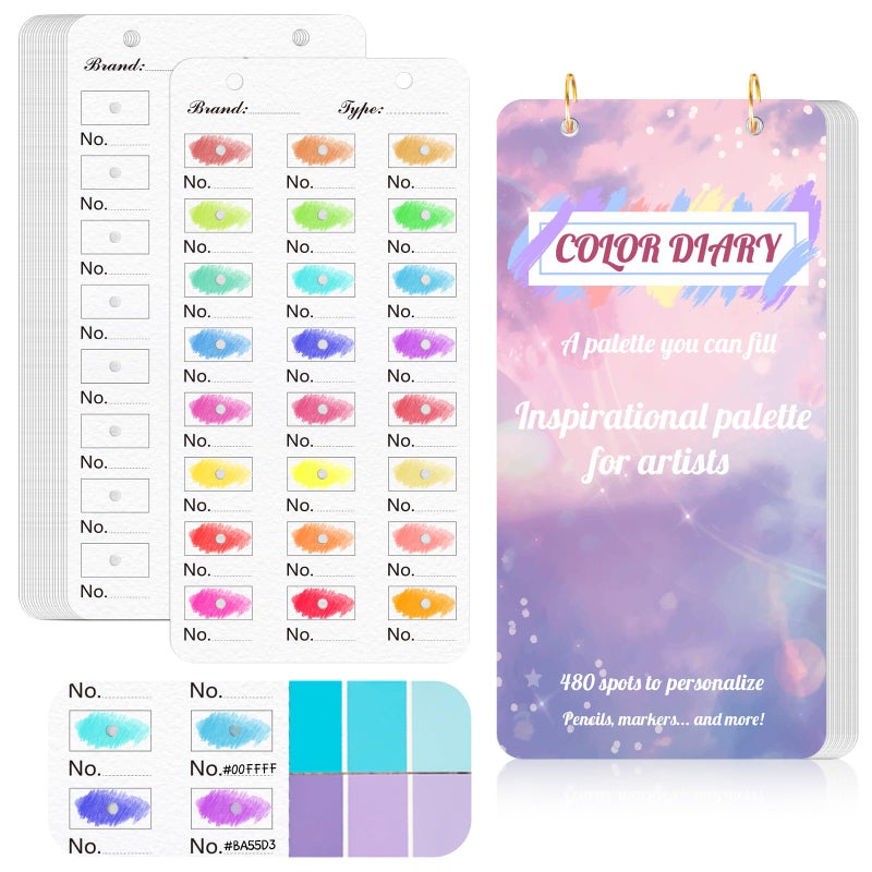 SKLENICE 20 Sheets Painters Color Diary for 480 Colors Loose Leaf Color Swatch Notebook 3.5 X 7 Inch Watercolor Swatch Paper Color Chart Template Pre Punched Top Spiral-Bound for Markers & Colored Pencil - Image 1