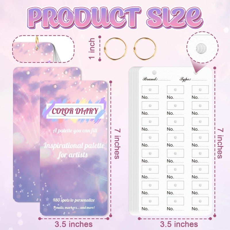 SKLENICE 20 Sheets Painters Color Diary for 480 Colors Loose Leaf Color Swatch Notebook 3.5 X 7 Inch Watercolor Swatch Paper Color Chart Template Pre Punched Top Spiral-Bound for Markers & Colored Pencil - Image 2