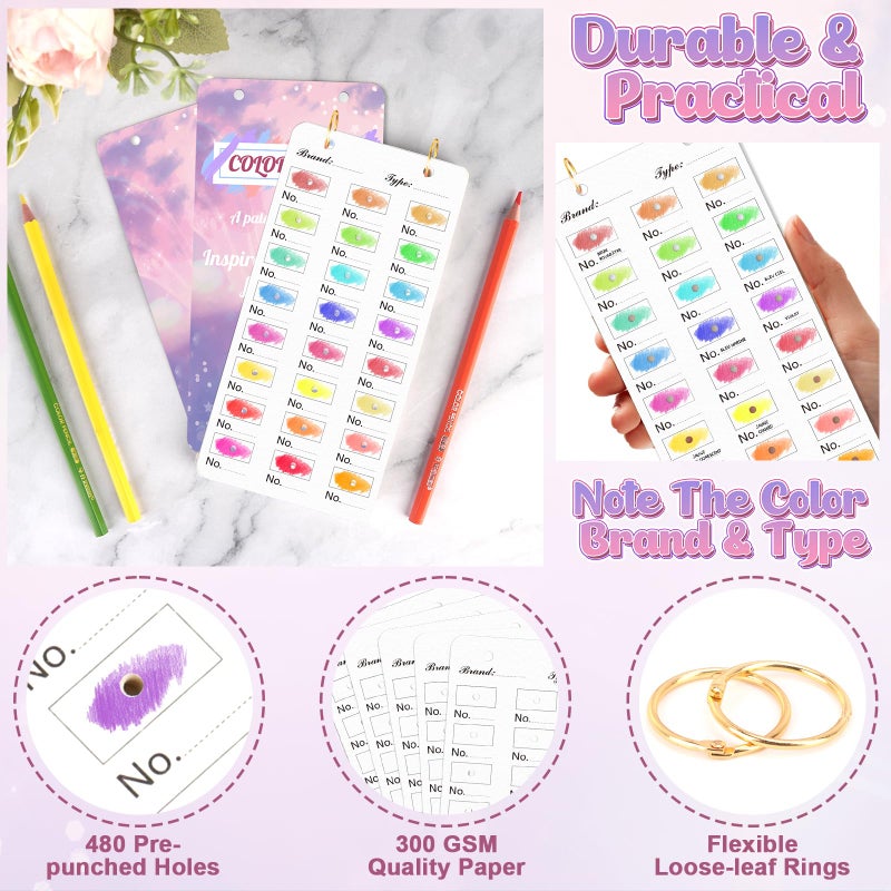 SKLENICE 20 Sheets Painters Color Diary for 480 Colors Loose Leaf Color Swatch Notebook 3.5 X 7 Inch Watercolor Swatch Paper Color Chart Template Pre Punched Top Spiral-Bound for Markers & Colored Pencil - Image 3