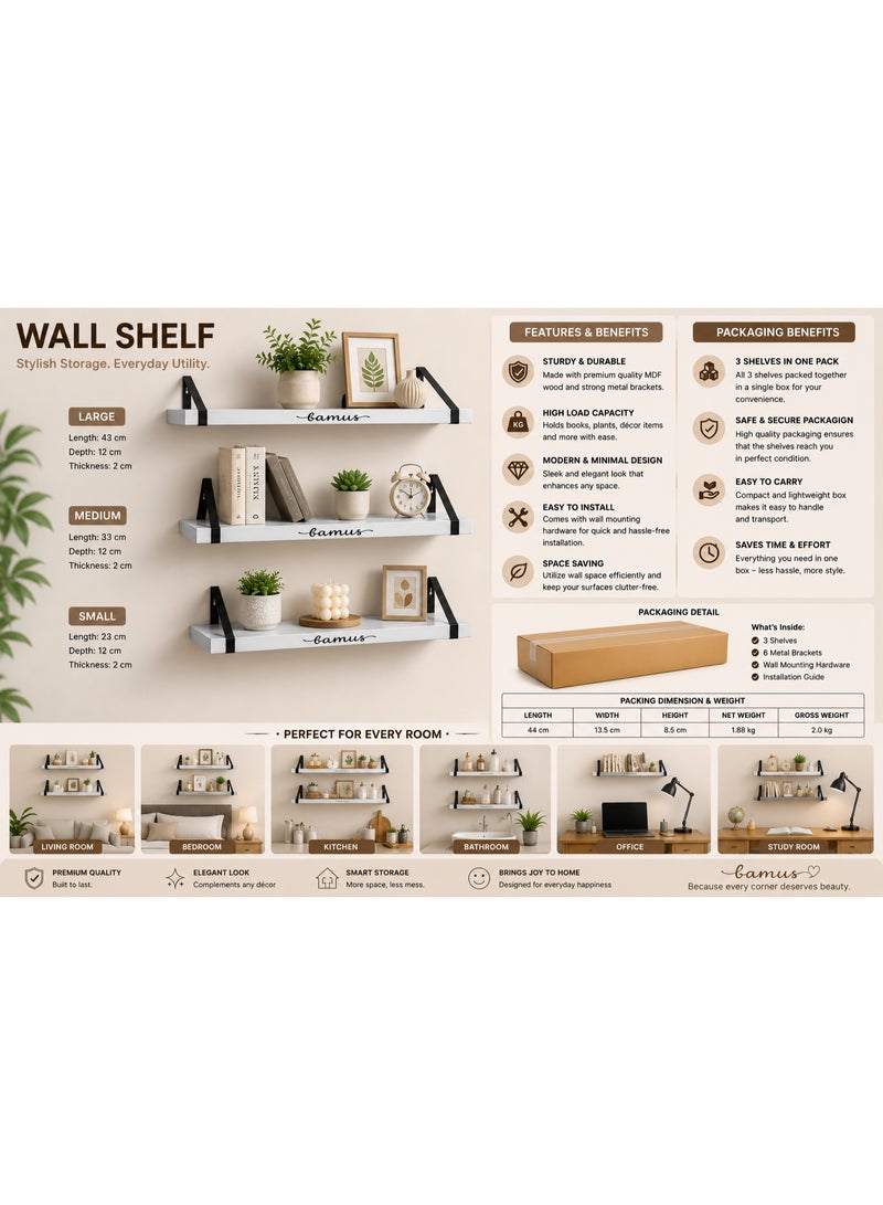 Floating Wall Shelves Set of 3 White Color – Modern Wall Mounted MDF Wood Storage Shelves with Black Metal Brackets for Living Room, Bedroom, Kitchen & Office - Image 3