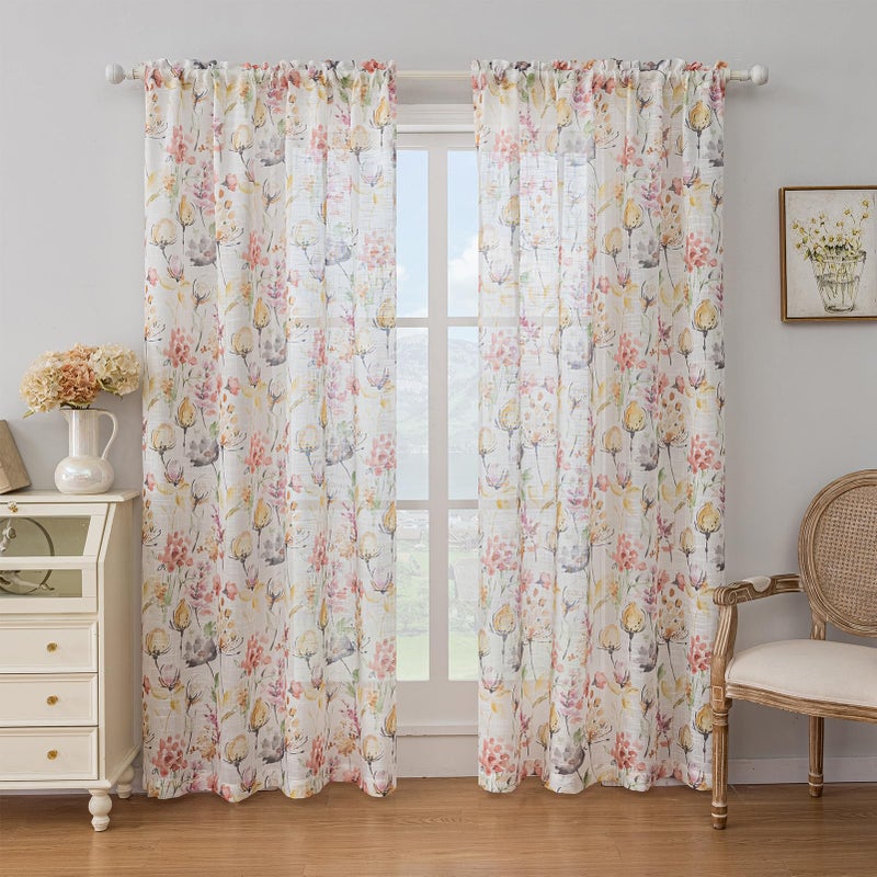 SUOUO Red Pink Floral Semi Sheer Curtains for Living Room 84 inches Long Rod Pocket Linen Textured Window Drapes for Dining Bedroom 2 Panels - Image 2