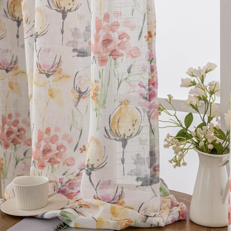 SUOUO Red Pink Floral Semi Sheer Curtains for Living Room 84 inches Long Rod Pocket Linen Textured Window Drapes for Dining Bedroom 2 Panels - Image 5