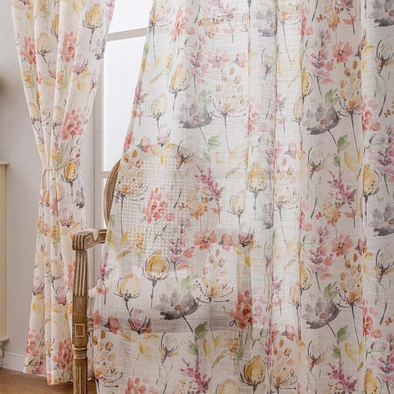 SUOUO Red Pink Floral Semi Sheer Curtains for Living Room 84 inches Long Rod Pocket Linen Textured Window Drapes for Dining Bedroom 2 Panels - Image 4