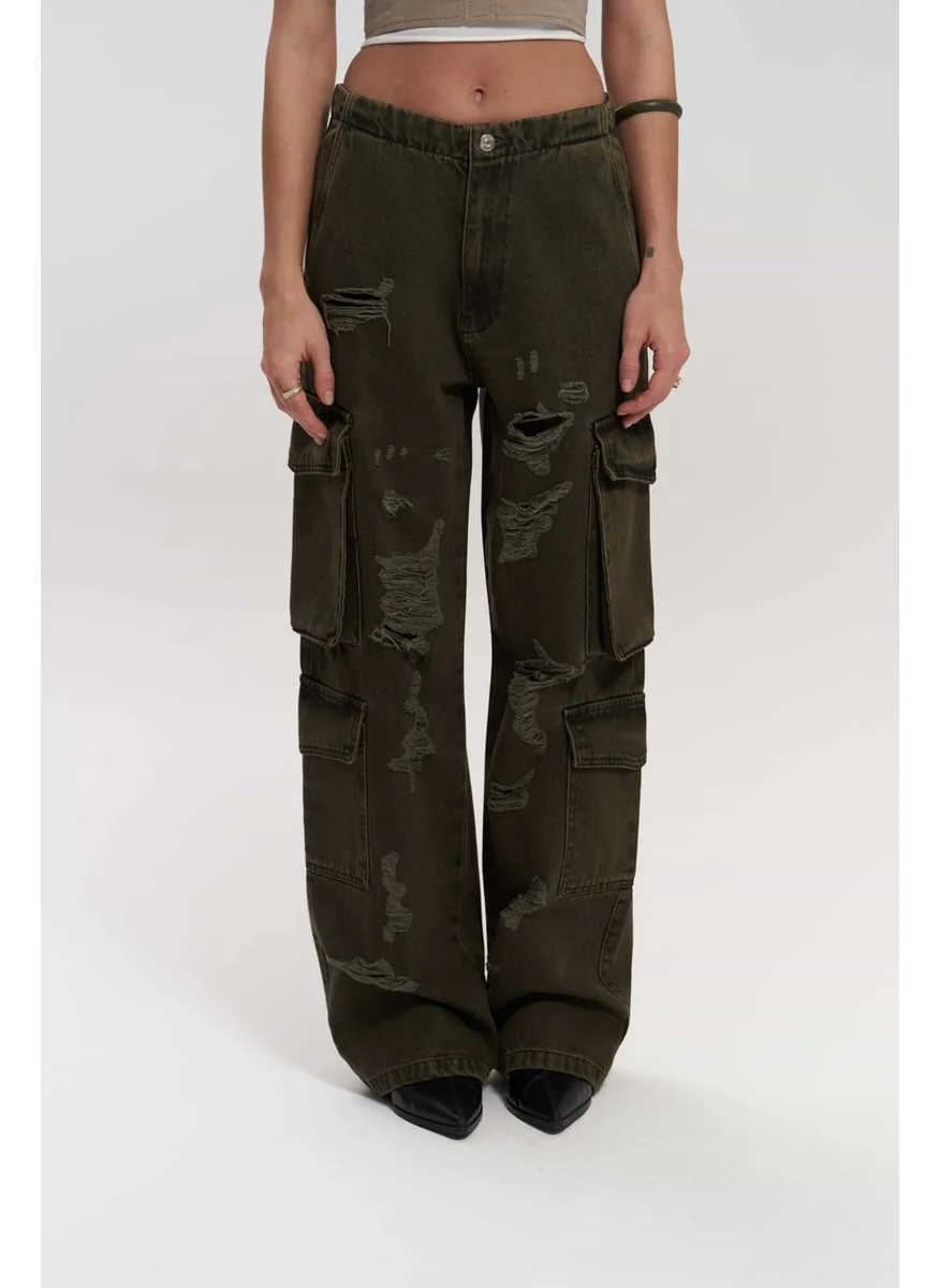 Mai Collection Dries Dirty Green Ripped Detail Cargo Jeans