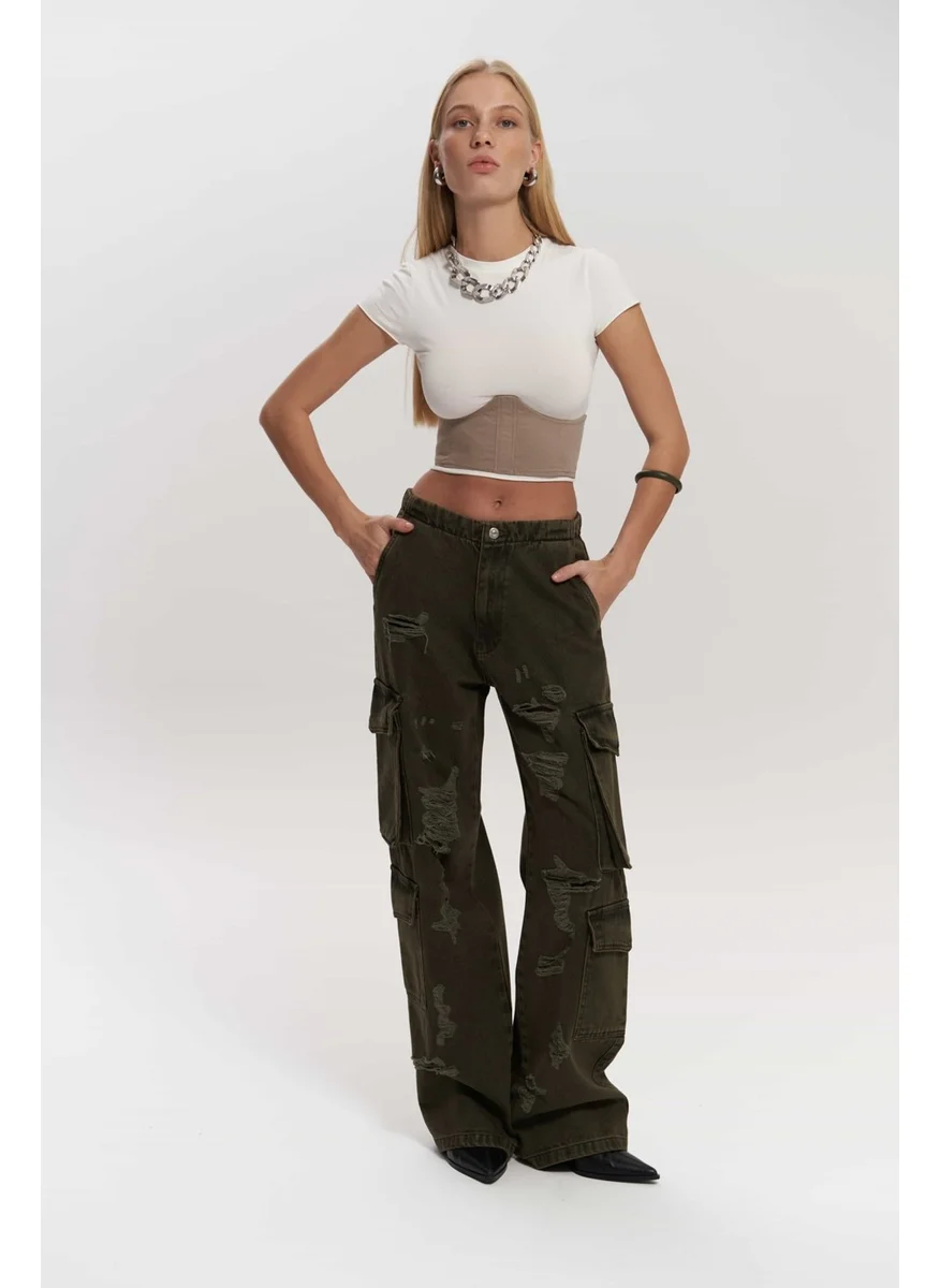 Mai Collection Dries Dirty Green Ripped Detail Cargo Jeans