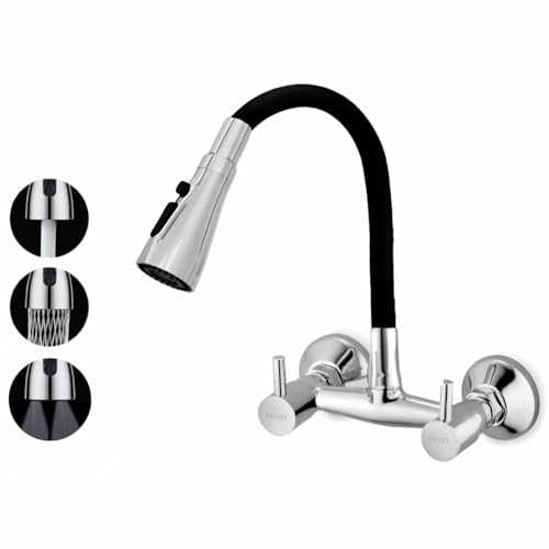 ENICET Sink Mixer Tap for Kitchen, 3 Flow Modes, 360 Rotating Flexible Spout, Brass Build, Kitchen Mixer tap, Wall Mounted, Chrome Finish, Sink Cocke Tap (FE124TF) - Image 1