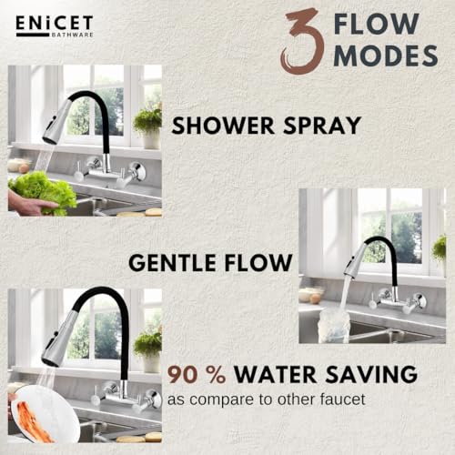 ENICET Sink Mixer Tap for Kitchen, 3 Flow Modes, 360 Rotating Flexible Spout, Brass Build, Kitchen Mixer tap, Wall Mounted, Chrome Finish, Sink Cocke Tap (FE124TF) - Image 3