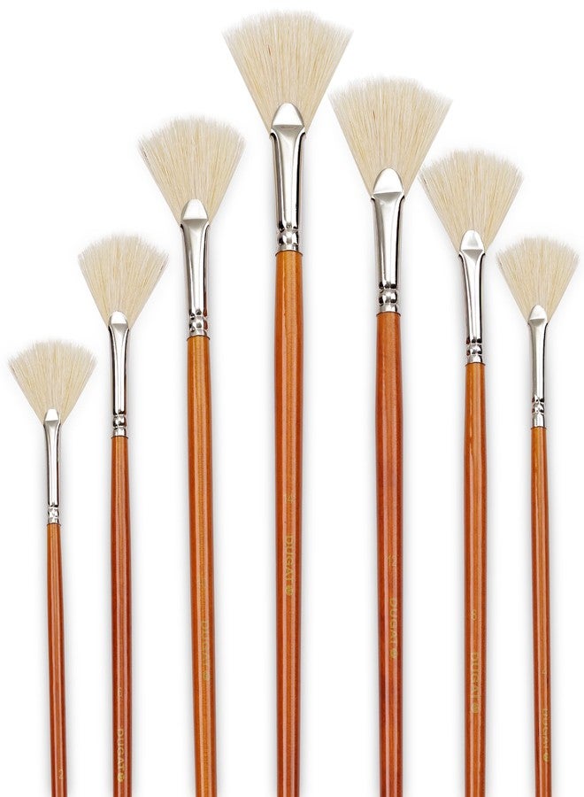 DUGATO Artist Fan Paint Brush Set of 7, White Hog Bristle Natural Hair Anti-Shedding Brush Tips, Long Wooden Handle for Comfortable Holding, Great for Acrylic Oil Painting - Image 1