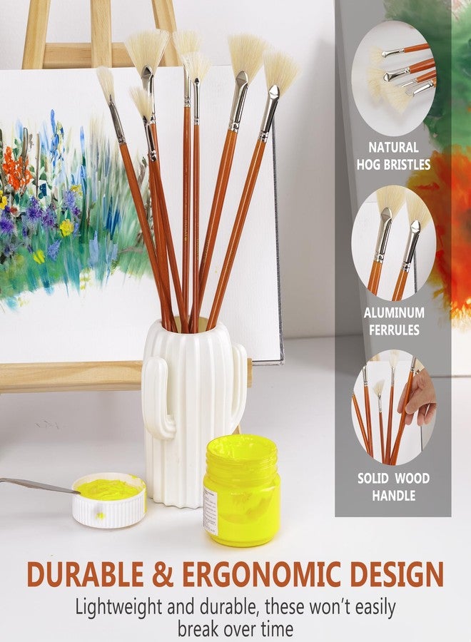 DUGATO Artist Fan Paint Brush Set of 7, White Hog Bristle Natural Hair Anti-Shedding Brush Tips, Long Wooden Handle for Comfortable Holding, Great for Acrylic Oil Painting - Image 5
