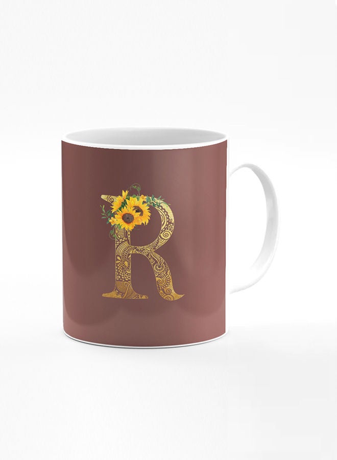 Stylizedd Designer Printed Coffee Mug 11oz Ceramic Personalised Gift Mugs Cup Custom Monogram Initial Letter Mandala Floral Pattern Alphabet R (Brown) - Image 1