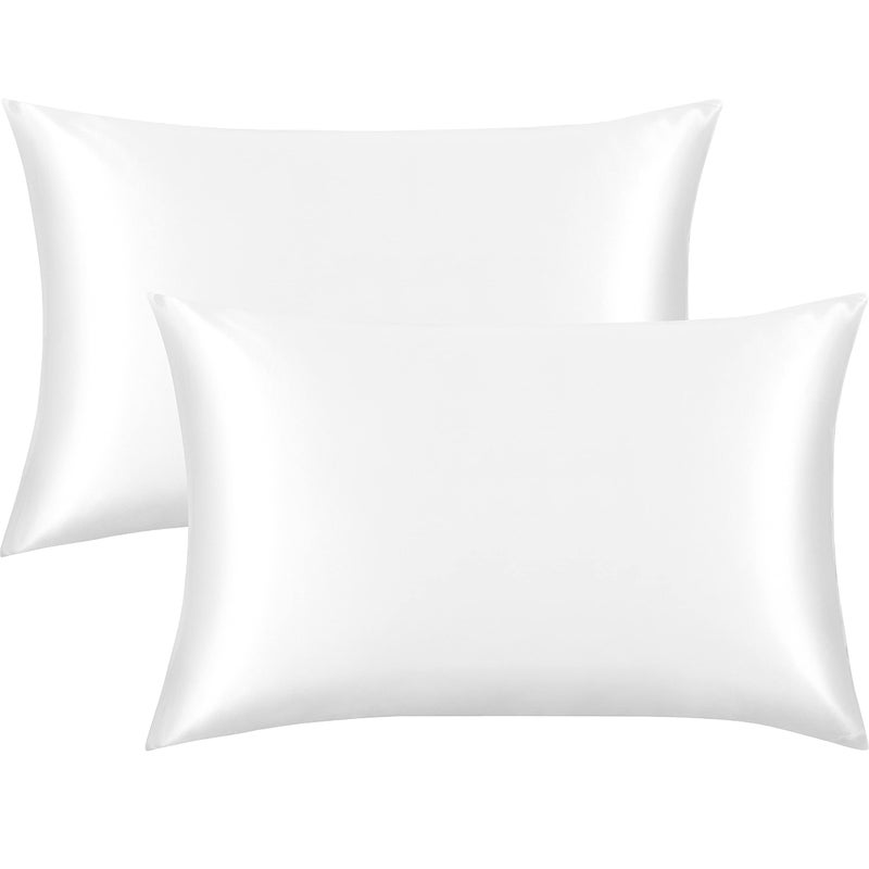 FLXXIE 2 Pack Satin Pillowcases for Hair and Skin, Luxury Soft Queen (20x30 Inches) Silky Pillow Cases with Envelope Closure, White
