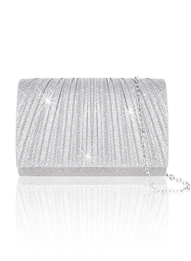 Larcenciel Clutch Purses for Women, Elegant Pleated Evening Bag with 2 Removable Chain Straps, Sparkling Silver Party Bags, Envelope Ladies Handbags for Formal Events Cocktail Weddings Prom Homecoming - Image 1