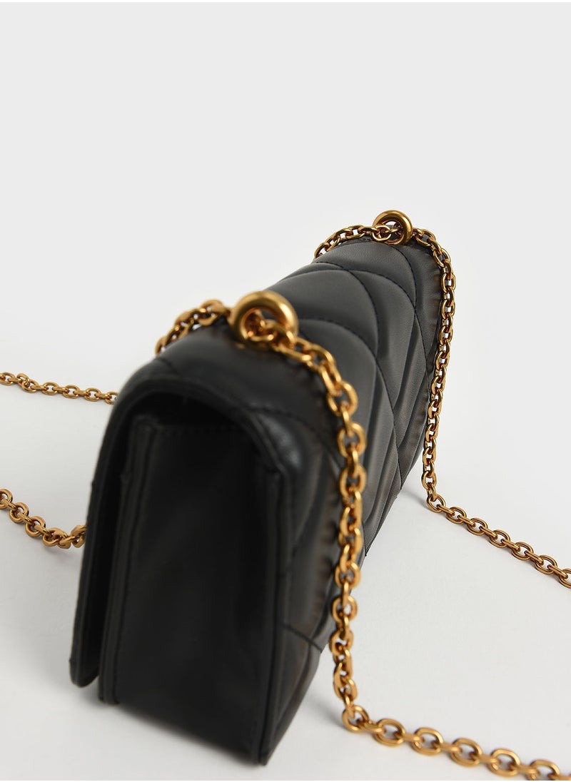 Charles & Keith - Charles & Keith Paffuto Chain Handle Quilted Shoulder Bag & Crossbody Bag - Black - Image 1