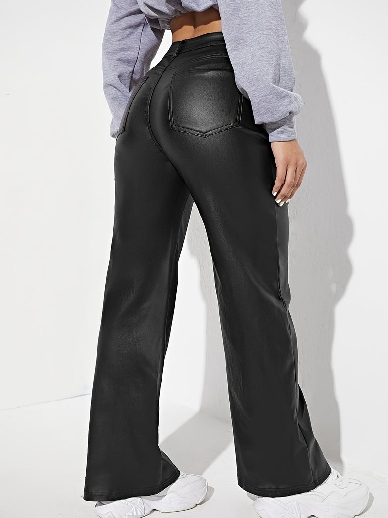 Women'S Pants Straight Pants Pants Women'S Pu Leather High Waist Wide Leg Pants Casual Pants Women'S Zipper - Image 5