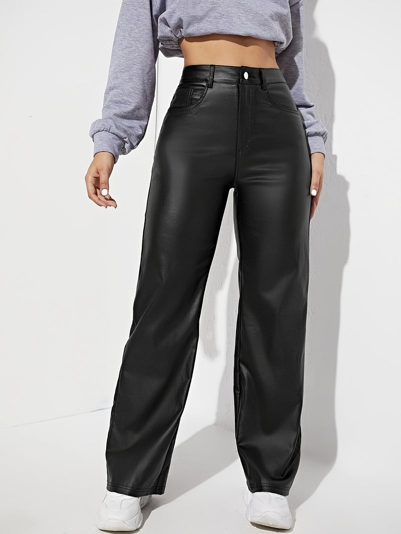 Women'S Pants Straight Pants Pants Women'S Pu Leather High Waist Wide Leg Pants Casual Pants Women'S Zipper - Image 1