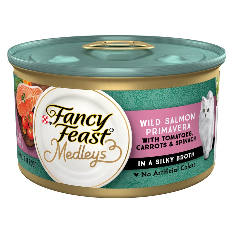 Fancy Feast Purina Fancy Feast Wet Cat Food Medleys Wild Salmon Primavera With Tomatoes Carrots and Spinach in Silky Broth - (Pack of 24) 3 oz. Cans - Image 1
