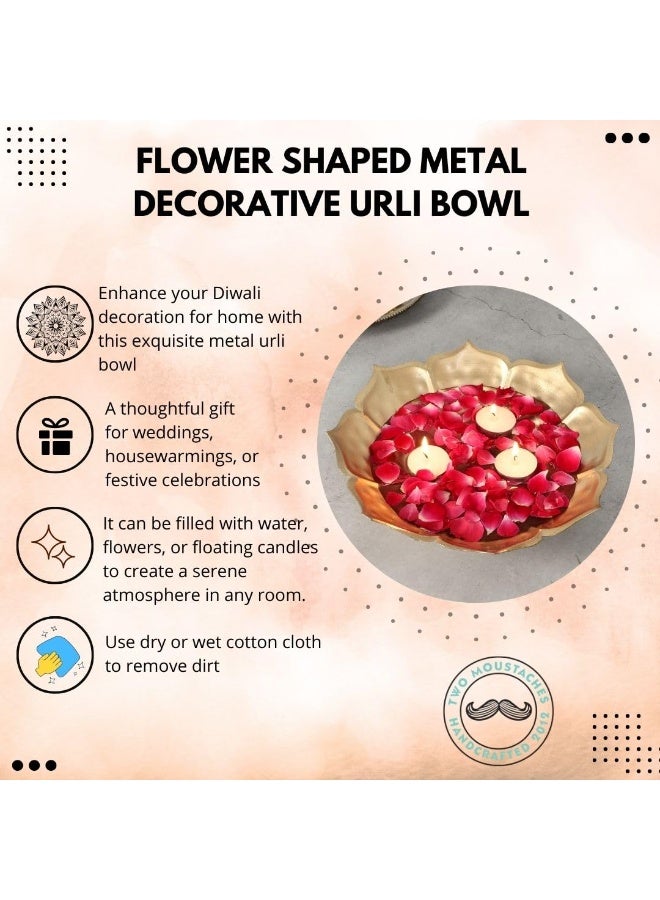 Two Moustaches 10 Inches Flower Shaped Metal Decorative Urli Bowl, Bowl for Candle Flowers, Housewarming Gifts, Home Decor Gift Items, Bowl for Flower Decoration, Golden, (Pack of 1) - Image 5