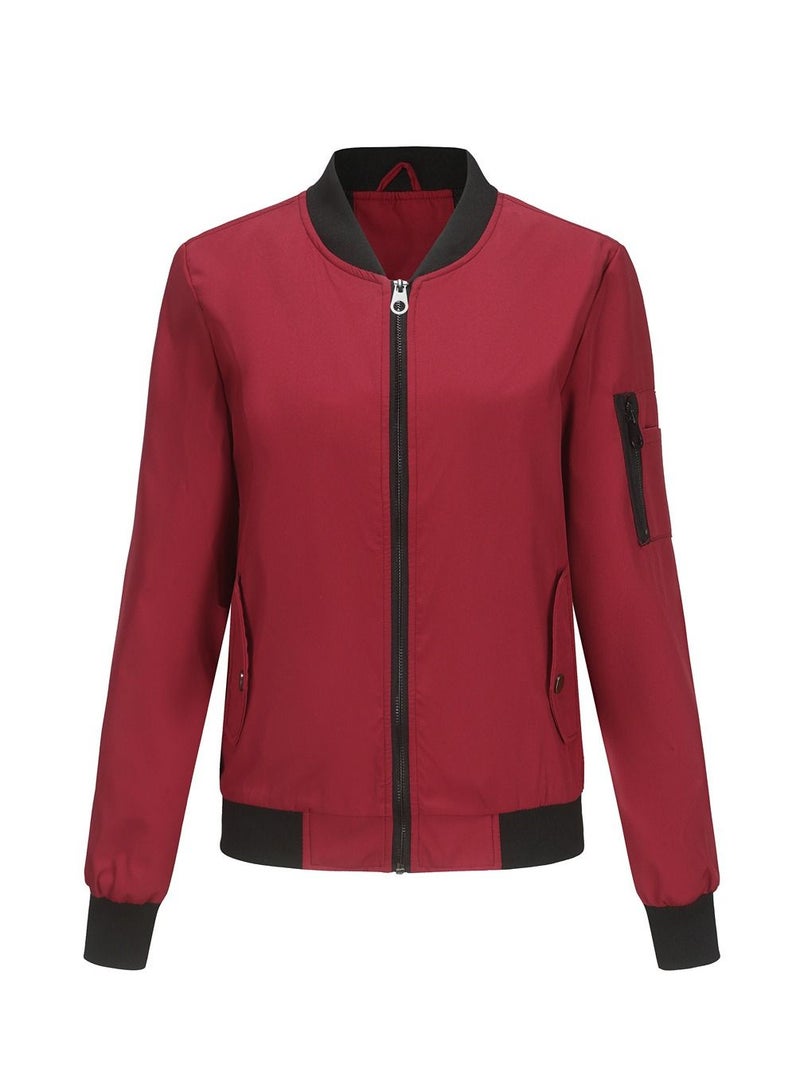 Loquat 2023 Women's Spring and Autumn New Thin Flight Jacket Loose Standing Neck Baseball Jersey Wine Red  - Image 1