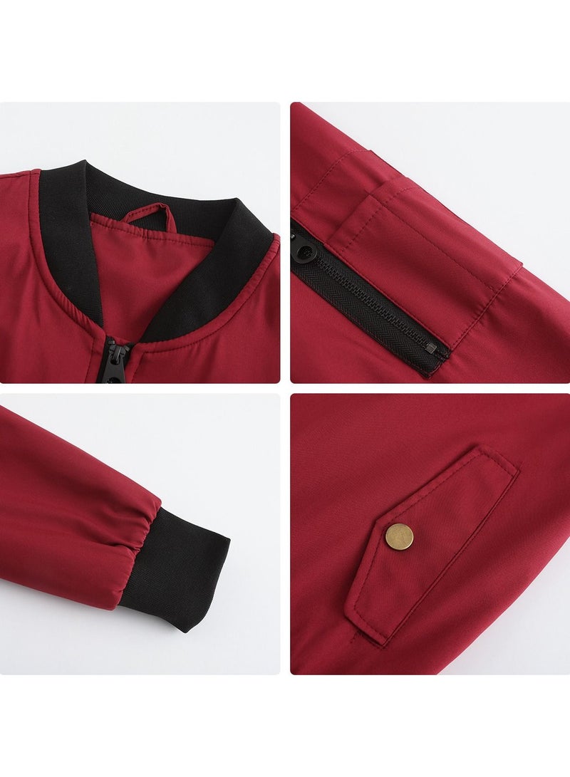 Loquat 2023 Women's Spring and Autumn New Thin Flight Jacket Loose Standing Neck Baseball Jersey Wine Red  - Image 3