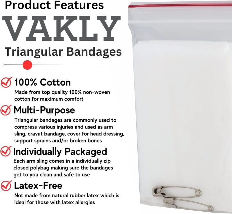 Vakly Triangular Bandages Pack of 12 First Aid Triangle Splint Bandage with Safety Pins 40x40x56 100 NonWoven Cotton 12 - Image 2
