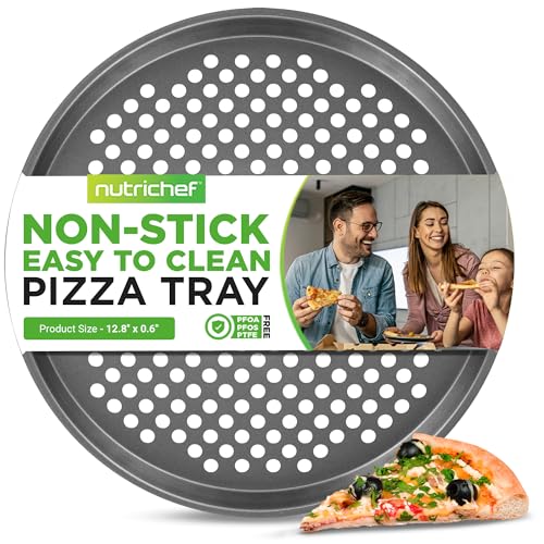 NutriChef 128 Inch Nonstick Pizza Pan for Oven Carbon Steel Pizza Baking Tray with Airflow Holes Premium Bakeware for Fresh Frozen Pizza Dishwasher Safe Gray