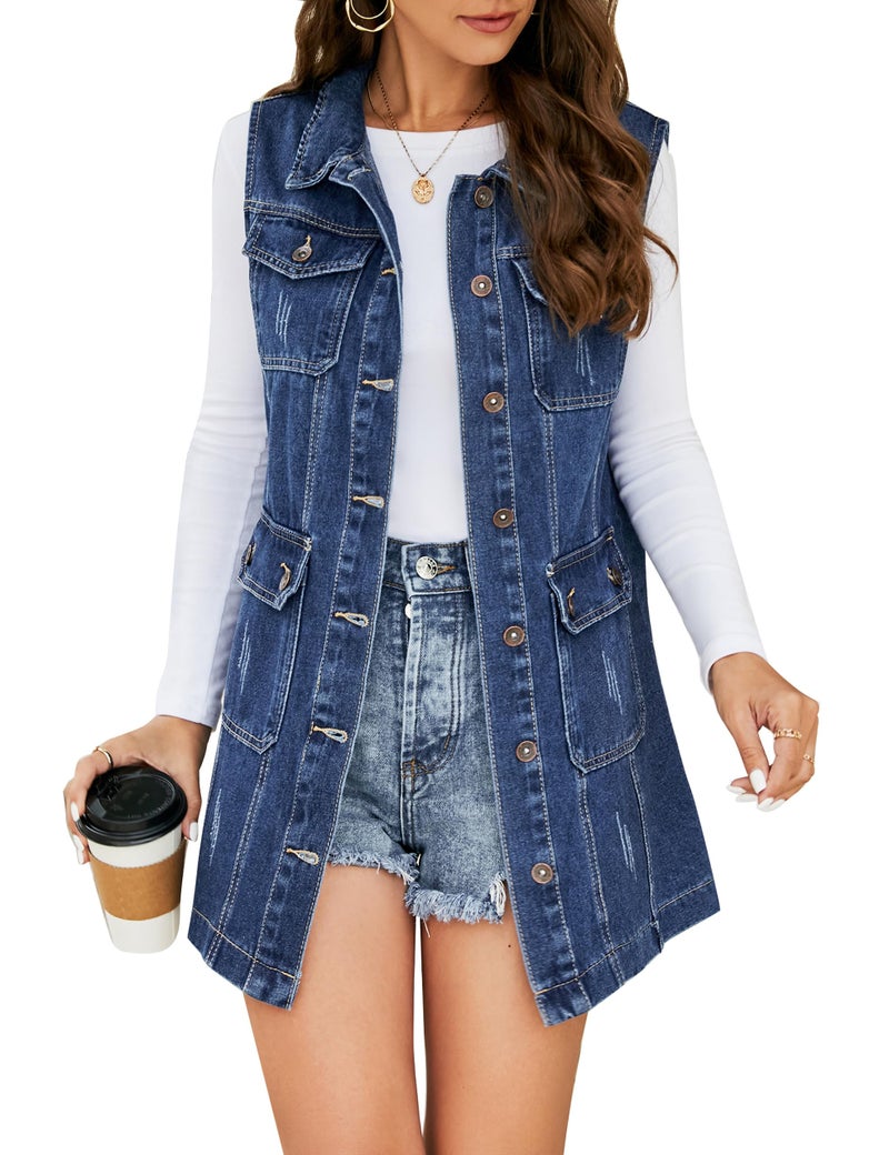 Flygo Womens Casual Button Up Sleeveless Denim Jean Mid Long Vest Gilet Jacket(01 Dark Blue-L) - Image 1